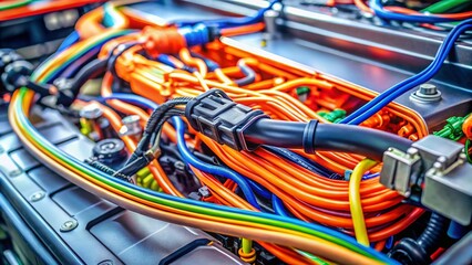 Electric Car Engine Close-up: High-Voltage Cable Detail