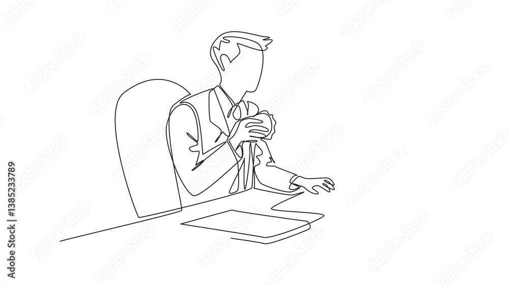 Poster animation of continuous one line drawing businessman typing on keyboard while holding burger in one 