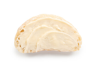 Piece of bread with butter isolated on white, top view