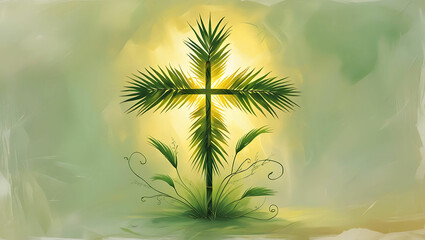 Palm sunday cross illustration with green foliage and light background for religious celebration