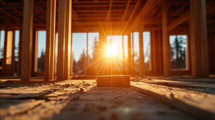 Fototapeta premium This captivating image showcases a sunrise illuminating a construction site with wooden frames, symbolizing progress and new beginnings in urban development.