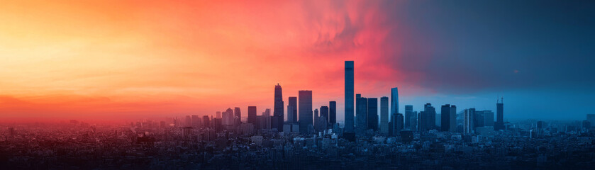 Fototapeta premium stunning city skyline at sunset, showcasing tall buildings against vibrant sky filled with hues of orange, red, and blue. scene evokes sense of tranquility and awe