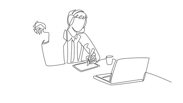Self drawing animation of single line drawing businessman wearing headphones with mic. Technical support serves consumers via telephone while eating. Saving time. Deskfast Day. Full length animated