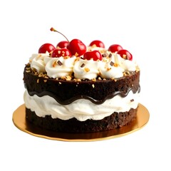 Delicious Chocolate Layer Cake with Cherries and Cream Isolated on White