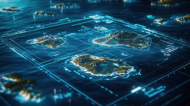 Digital island map, ocean view, navigation, planning, data visualization