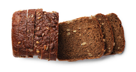 Pieces of fresh bread isolated on white, top view