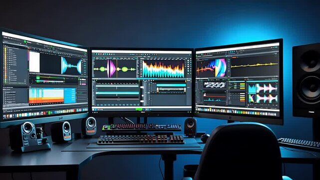 Professional audio editing workstation with triple monitors displaying waveforms, mixers, and sound tools in a dark studio environment

