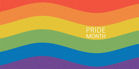 Pride themed background with retro aesthetic. Minimalist LGBTQ rainbow flag with grainy texture and Pride Month text. Great for flyer, social media cover, website header, community support visual
