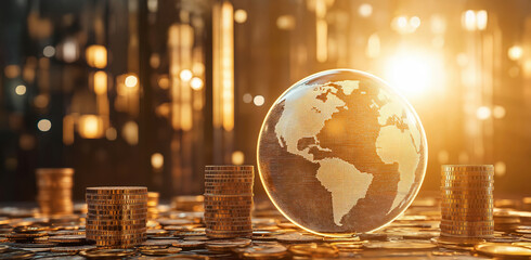 Glowing transparent globe surrounded by gold coins, symbol of global economy, wealth distribution and international financial system, business growth background, copy space, selective focus
