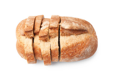 Pieces of fresh bread isolated on white, top view
