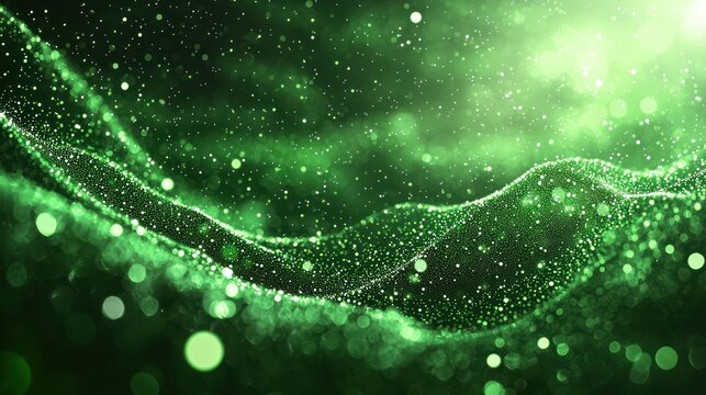 Green energy wave, abstract background, particle motion, glowing lights, technology concept
