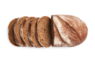 Pieces of fresh bread isolated on white, top view