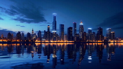 Fototapeta premium Dreamy city skyline reflected in water lights