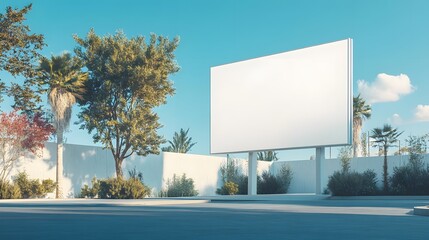 A large empty white billboard stands against a clear blue sky, surrounded by green trees in an urban setting, offering clean advertising space under sunny daylight.  