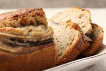 Pieces of banana bread on table, closeup