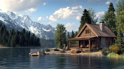 Mountain lake cabin, tranquil sunset, nature escape