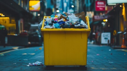 Yellow Trash Bin Overflowing with Litter on Urban Street Scene
