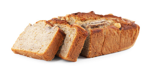 Cut banana bread with nuts isolated on white