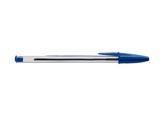 Caneta esferográfica com tampa azul e corpo transparente
