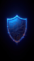 Fototapeta premium Cybersecurity logo with a shield emblem containing electronic circuit designs.