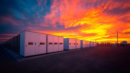 Rows of large white lithium battery containers form an industrial energy storage facility glowing under golden hour sunset lighting.  