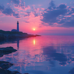 Fototapeta premium A stunning coastal sunrise with soft pastel colors reflecting on the calm ocean waters and a distant lighthouse
