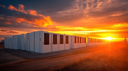 Rows of large white lithium battery containers form an industrial energy storage facility glowing under golden hour sunset lighting.  