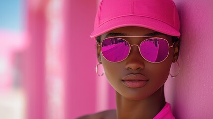 Fototapeta premium Woman in pink sunglasses and cap, leaning against pink wall, sunny day, fashion shoot