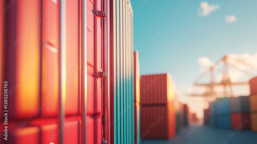 Poster cargo containers waiting for loading in a port terminal at sunset