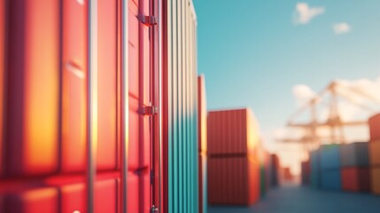 Fototapeta premium Cargo containers waiting for loading in a port terminal at sunset