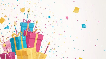 Obraz premium Colorful gifts, candles, confetti; birthday celebration; festive background; ideal for cards