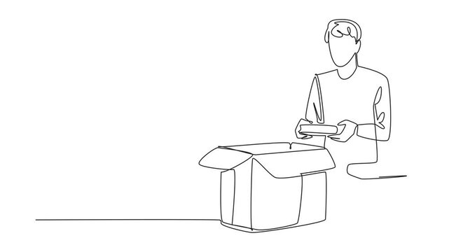Self drawing animation of single one line drawing a man puts a stack of books into a cardboard box. Sorting. Giving the best. Enriching literacy. National Donate a Book Day. Full length animated.