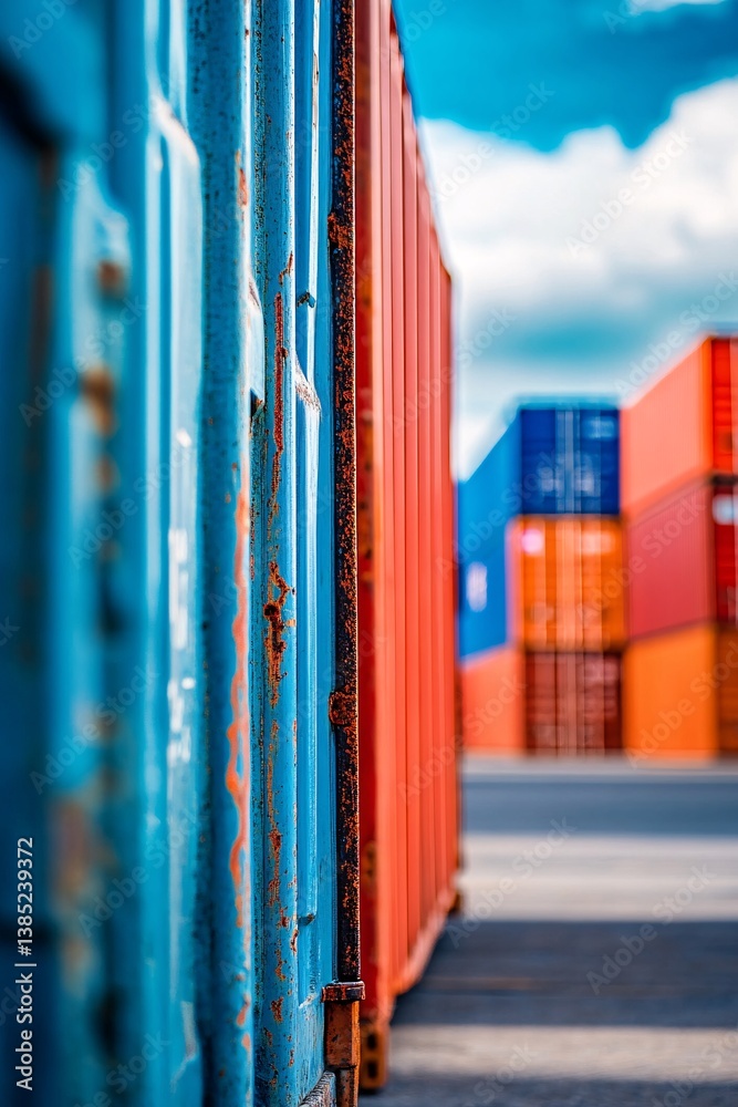 Poster Old rusty shipping containers standing in a row at a dockyard