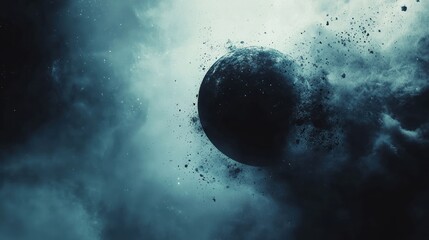 Dark planet disintegrating in space, cosmic dust and nebula.
