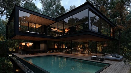 Modern house with large windows next to a swimming pool surrounded by trees.
