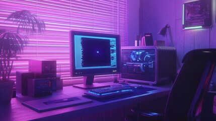 Nostalgic retro-futuristic workspace featuring vintage computer and neon lighting inspired by 80s tech aesthetics