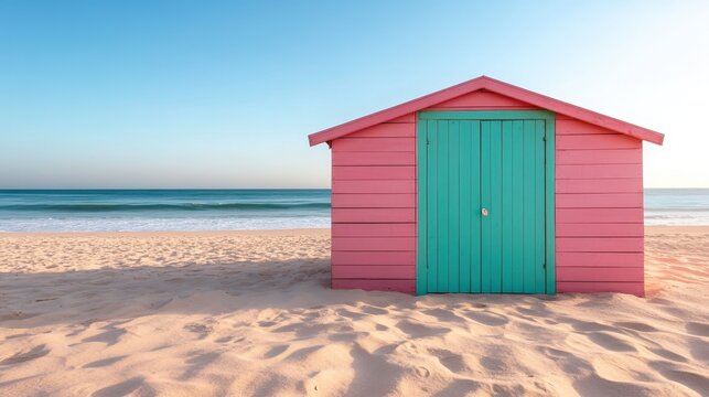 A delightful pink beach hut standing alone against a brilliant blue sky, evoking feelings of joy and nostalgia associated with sunny days by the sandy shore.