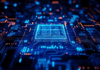 Obraz premium Futuristic Digital Circuit Board with Glowing Microchip Elements