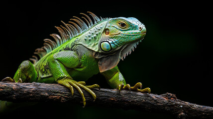 Fototapeta premium iguana on a branch on black background