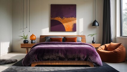 Generative AI, Warm modern bedroom with plum faux fur bedding