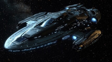 Futuristic spaceship in deep space.