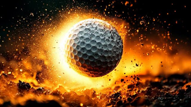 Golf ball in explosive flight with fiery background showcasing dynamic energy and movement