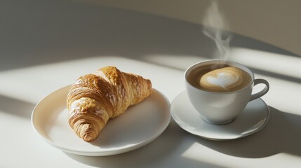 A freshly baked croissant with a cup of coffee. Featuring indulgence and morning comfort
