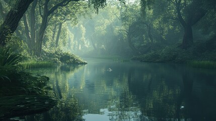 Tranquil jungle river, misty morning, serene reflection, game background
