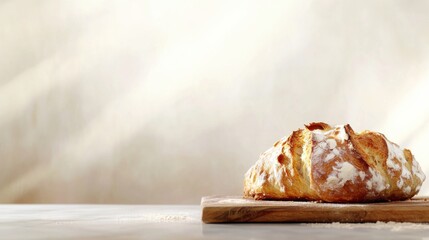 A freshly baked loaf of artisan bread on a wooden board. Featuring craftsmanship and simplicity