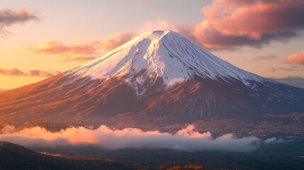 Majestic snow-capped mountain at sunrise, clouds and autumn foliage.