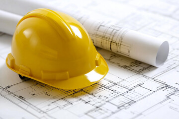 Builder checking blueprints while wearing a hard hat on a construction site during daylight hours