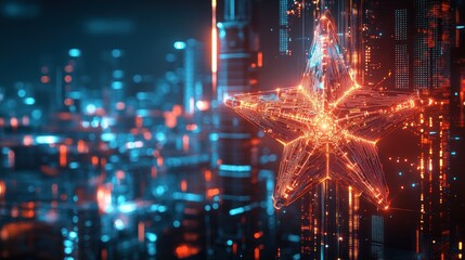 Fototapeta premium Glowing star hangs city tech backdrop