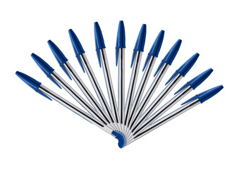 Caneta esferográfica com tampa azul e corpo transparente