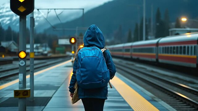 Young girl wearing a bright blue backpack and a hooded jacket walking along an empty train platform, distant mountains and misty skies in the background